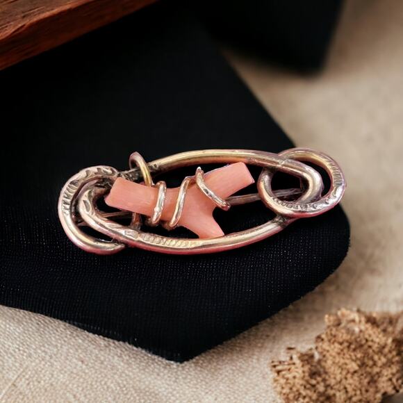 Victorian 14K Gold Love Knot Brooch with Pink Coral -Heirloom - Picture 1 of 10